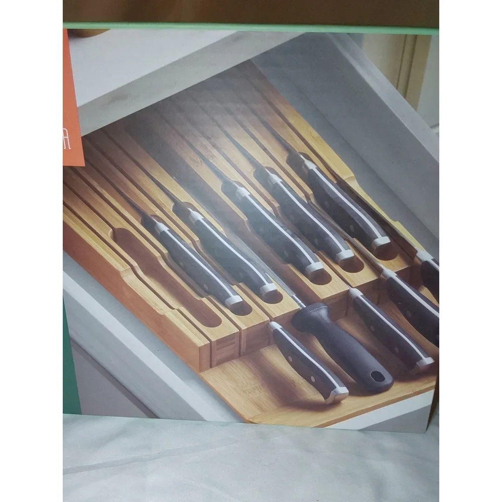 100% Bamboo Knife Drawer Organizer Block 12 Slots Plus Sharpener Storage